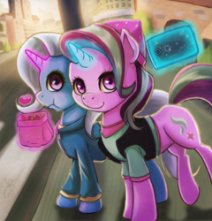 Size: 800x832 | Tagged: safe, artist:the-park, starlight glimmer, trixie, pony, g4, beanie, cellphone, cinnamon nuts, clothes, duo, equestria girls outfit, female, food, glowing horn, hat, horn, lesbian, magic, phone, selfie, ship:startrix, shipping, smartphone, street, telekinesis