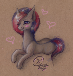 Size: 2301x2389 | Tagged: safe, artist:kimsteinandother, oc, oc only, oc:kim stein, earth pony, pony, blushing, high res, one eye closed, prone, solo, tongue out, traditional art, wink