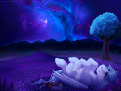 Size: 2000x1500 | Tagged: safe, artist:theoutcastofthenight, oc, oc only, oc:snowstorm, pegasus, pony, book, color porn, commission, lavender, lying, lying down, nebula, night, on back, relaxing, scenery, scenery porn, solo, space, stargazing, stars, tree