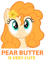 Size: 10000x13680 | Tagged: safe, artist:sollace, edit, pear butter, earth pony, pony, g4, the perfect pear, absurd resolution, bust, caption, cute, female, flower, flower in hair, looking at you, pearabetes, portrait, show accurate, solo, truth