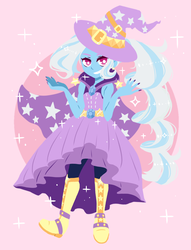 Size: 887x1163 | Tagged: safe, artist:hirosi41, trixie, equestria girls, g4, boots, cape, clothes, dress, equestria girls-ified, female, hat, long hair, looking at you, pantyhose, shoes, skirt, sleeveless, smiling, solo, stars, trixie's cape, trixie's hat