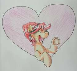Size: 2488x2276 | Tagged: safe, artist:sugaryviolet, oc, oc only, oc:southern belle, pony, collaboration, commission, eyes closed, heart, high res, smiling, solo, traditional art, underhoof, waving