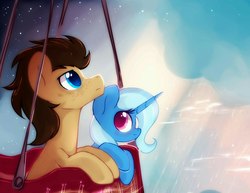 Size: 2148x1659 | Tagged: safe, artist:mirtash, doctor whooves, time turner, trixie, earth pony, pony, unicorn, rcf community, g4, duo, female, hot air balloon, male, mare, sky, stallion
