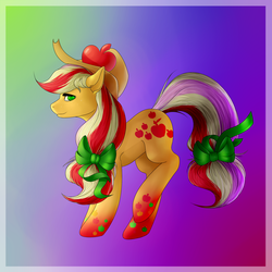 Size: 2000x2000 | Tagged: safe, artist:evakulisreal, applejack, earth pony, pony, g4, bow, female, gradient background, hat, high res, mare, rainbow power, solo