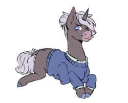 Size: 1024x824 | Tagged: safe, artist:cinnamonsparx, oc, oc only, oc:dawn, pony, unicorn, :p, clothes, cloven hooves, female, mare, one eye closed, prone, simple background, solo, sweater, tongue out, transparent background, wink