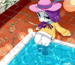 Size: 850x736 | Tagged: safe, artist:modak, rarity, pony, g4, clothes, female, hat, looking at you, smiling, solo, sweater, swimming pool, water