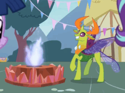 Size: 539x402 | Tagged: safe, screencap, starlight glimmer, thorax, twilight sparkle, alicorn, changedling, changeling, pony, g4, season 7, triple threat, animated, behaving like a moth, bugs doing bug things, ceremonial dragon fire flame of friendship, cute, gif, happy, king thorax, male, prancing, silly changeling, thorabetes, trotting, trotting in place, twilight sparkle (alicorn)