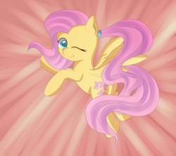 Size: 3325x2954 | Tagged: safe, artist:brok-enwings, fluttershy, pegasus, pony, g4, alternate hairstyle, cute, female, high res, looking at you, mare, one eye closed, ponytail, shyabetes, smiling, solo, spread wings, wings, wink