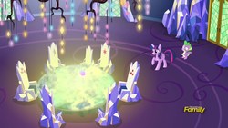 Size: 1920x1080 | Tagged: safe, screencap, spike, twilight sparkle, alicorn, dragon, pony, g4, triple threat, cutie map, friendship throne, raised hoof, twilight sparkle (alicorn), twilight's castle