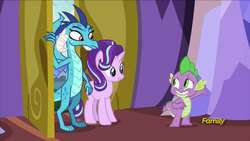 Size: 914x514 | Tagged: safe, screencap, princess ember, spike, starlight glimmer, dragon, g4, triple threat, discovery family logo