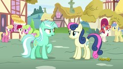 Size: 1920x1080 | Tagged: safe, screencap, bon bon, daisy, flower wishes, goldengrape, lily, lily valley, lyra heartstrings, rainbow stars, roseluck, sir colton vines iii, sweetie drops, earth pony, pony, unicorn, g4, triple threat, best friends, flower trio, looking at each other, lyra is not amused, raised hoof, unamused