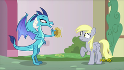 Size: 914x514 | Tagged: safe, screencap, derpy hooves, princess ember, dragon, g4, triple threat, discovery family logo, everything is ruined, muffins fuel, pure unfiltered evil, you monster