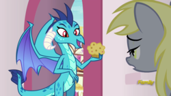 Size: 1920x1080 | Tagged: safe, screencap, derpy hooves, princess ember, dragon, g4, triple threat, food, muffin