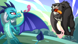 Size: 2560x1440 | Tagged: safe, artist:mysticalpha, princess ember, thorax, bear, changedling, changeling, dragon, g4, triple threat, bear thorax, disguise, disguised changeling, fight, king thorax