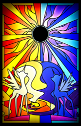 Size: 3300x5100 | Tagged: safe, artist:flamevulture17, princess celestia, princess luna, alicorn, pony, g4, absurd resolution, eclipse, female, horn, looking up, mare, moon, royal sisters, sisters, solar eclipse, spread wings, stained glass, sun, wings