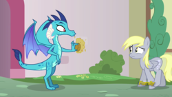 Size: 1920x1080 | Tagged: safe, screencap, derpy hooves, princess ember, dragon, g4, triple threat, everything is ruined, food, muffin, pure unfiltered evil, you monster