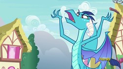 Size: 1920x1080 | Tagged: safe, screencap, princess ember, dragon, g4, triple threat, arms in the air, faic, female, frown, glare, open mouth, solo, spread wings, wings