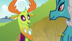 Size: 1920x1080 | Tagged: safe, screencap, princess ember, thorax, changedling, changeling, dragon, g4, triple threat, female, interspecies, king thorax, male, shipping fuel, straight