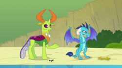 Size: 1920x1080 | Tagged: safe, screencap, princess ember, thorax, changedling, changeling, dragon, g4, triple threat, female, interspecies, king thorax, male
