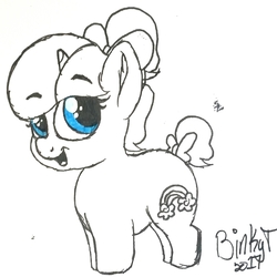 Size: 1680x1679 | Tagged: safe, artist:binkyt11, derpibooru exclusive, rainbow stars, pony, unicorn, g4, black and white, bow, chibi, female, grayscale, hair bow, mare, monochrome, open mouth, partial color, simple background, solo, tail bow, traditional art, white background