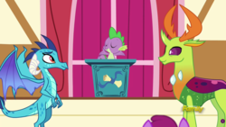 Size: 1920x1080 | Tagged: safe, screencap, berry punch, berryshine, princess ember, spike, thorax, changedling, changeling, dragon, earth pony, pony, g4, triple threat, dragoness, eyes closed, female, king thorax, lectern, male