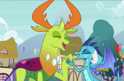 Size: 788x514 | Tagged: safe, screencap, princess ember, thorax, changedling, changeling, dragon, g4, triple threat, cropped, discovery family logo, female, interspecies, king thorax, male, shipping fuel