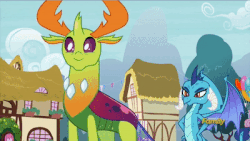 Size: 400x225 | Tagged: safe, screencap, princess ember, thorax, changedling, changeling, dragon, g4, triple threat, animated, discovery family logo, female, gif, interspecies, king thorax, male