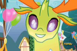 Size: 674x448 | Tagged: safe, screencap, thorax, changedling, changeling, g4, season 7, triple threat, animated, balloon, behaving like a moth, bugs doing bug things, ceremonial dragon fire flame of friendship, cute, discovery family logo, fire, flame eyes, gif, king thorax, male, smiling, solo, thorabetes, wingding eyes