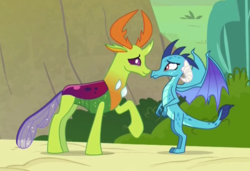 Size: 563x386 | Tagged: safe, screencap, princess ember, thorax, changedling, changeling, dragon, g4, triple threat, cropped, female, king thorax, male, shipping fuel
