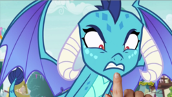 Size: 914x514 | Tagged: safe, edit, edited screencap, screencap, princess ember, dragon, g4, triple threat, angry, boop, boop denied, boop edit, discovery family logo, female, solo, this will end in blood