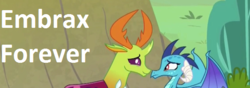 Size: 563x199 | Tagged: safe, edit, edited screencap, screencap, princess ember, thorax, changedling, changeling, dragon, g4, triple threat, caption, couple, cropped, cute, king thorax, now kiss, ship:embrax, shipping, text