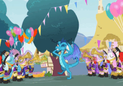 Size: 564x395 | Tagged: safe, screencap, clarion call, cornetta, note flow, princess ember, sea swirl, seafoam, twinkleshine, dragon, pony, unicorn, g4, triple threat, angry, animated, background pony, balloon, clothes, cropped, discovery family logo, female, gif, glowing horn, hat, horn, levitation, loud noises, magic, magic aura, marching band uniform, mare, misunderstanding, musical instrument, rawr, scared, surprised, surprised face, telekinesis, top hat, trumpet, uniform, unnamed character, unnamed pony, zip lines