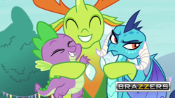 Size: 600x338 | Tagged: safe, edit, edited screencap, screencap, princess ember, spike, thorax, changedling, changeling, dragon, g4, triple threat, brazzers, female, group hug, hug, implied shipping, interspecies, king thorax, male, ship:emberspike, shipping, spikelove, straight, tsundember, tsundere, varying degrees of want