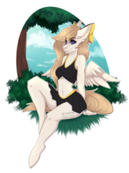Size: 1024x1372 | Tagged: safe, alternate version, artist:pinkxei, oc, oc only, oc:claire, pegasus, anthro, unguligrade anthro, bow, cheerleader, clothes, commission, cute, female, hair bow, legs, mare, skirt, skirt lift, solo, sports bra, tree
