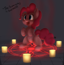 Size: 717x720 | Tagged: safe, artist:pabbley, artist:transgressors-reworks, edit, pinkie pie, pony, g4, belly button, bipedal, candle, cheek fluff, colored, cute, dialogue, diapinkes, ear fluff, eldritch abomination, female, floppy ears, happy, leg fluff, magic, magic circle, missing cutie mark, offscreen character, open mouth, ponk, sitting, smiling, solo, summoning, summoning circle, this will end in death and/or a party, xk-class end-of-the-world scenario