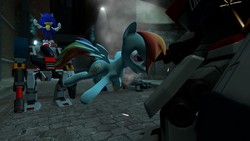 Size: 1366x768 | Tagged: safe, artist:migueruchan, rainbow dash, pony, robot, g4, 3d, crossover, male, sonic the hedgehog, sonic the hedgehog (series)