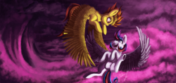 Size: 1450x683 | Tagged: safe, artist:shivannie, oc, oc only, pony, cloud, flying, not spitfire, open mouth, signature, underhoof