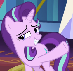 Size: 1065x1046 | Tagged: safe, screencap, starlight glimmer, pony, g4, triple threat, cropped, shit eating grin, solo focus