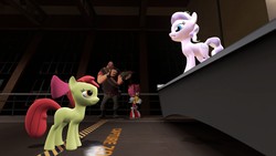 Size: 1366x768 | Tagged: safe, artist:migueruchan, apple bloom, diamond tiara, earth pony, pony, g4, 3d, amy rose, crossover, heavy weapons guy, sonic the hedgehog, sonic the hedgehog (series), team fortress 2
