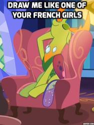 Size: 502x667 | Tagged: safe, edit, edited screencap, screencap, thorax, changedling, changeling, g4, triple threat, caption, chair, dialogue, draw me like one of your french girls, eyes closed, image macro, king thorax, king thorax the fabulous, meme, sitting, twilight's castle
