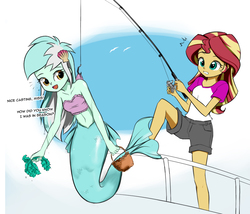 Size: 970x830 | Tagged: safe, artist:twilite-sparkleplz, part of a set, lyra heartstrings, sunset shimmer, mermaid, sunset's fantastic fishing, equestria girls, g4, my little pony equestria girls: legend of everfree, bandeau, belly button, boat, clothes, cute, dialogue, duo, female, fishing, lyrabetes, mermaid lyra, mermaidized, midriff, part of a series, race swap, seaweed, shimmerbetes, species swap
