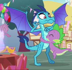 Size: 510x495 | Tagged: safe, screencap, princess ember, spike, dragon, g4, triple threat, :s, awkward, female, hug, male, shipping fuel, shocked, wavy mouth