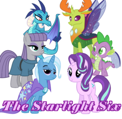 Size: 600x580 | Tagged: safe, artist:cyanlightning, artist:dashiesparkle, artist:sketchmcreations, artist:solusjbj, artist:weegeestareatyou, maud pie, princess ember, spike, starlight glimmer, thorax, trixie, changedling, changeling, dragon, pony, unicorn, g4, alternate mane six, female, king thorax, mare, simple background, smiling, smirk, smug, transparent background, vector