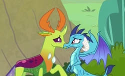 Size: 900x550 | Tagged: safe, edit, edited screencap, screencap, princess ember, thorax, changedling, changeling, dragon, g4, triple threat, changeling x dragon, female, interspecies, king thorax, kiss edit, kissing, looking at each other, male, ship:embrax, shipping, smiling, straight