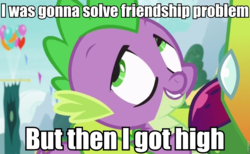 Size: 960x593 | Tagged: safe, edit, edited screencap, screencap, spike, thorax, changedling, changeling, dragon, g4, triple threat, afroman, because i got high, caption, image macro, king thorax, male, meme, out of context, solo, stoner spike