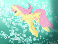 Size: 1024x768 | Tagged: safe, artist:hovesoffire48, fluttershy, pony, g4, abstract background, female, floating, looking away, solo, spread wings, wings