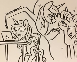 Size: 784x631 | Tagged: safe, artist:dawnfire, edit, princess cadance, shining armor, twilight sparkle, alicorn, pony, unicorn, g4, blushing, computer, disgusted, female, heart, incest, infidelity, laptop computer, looking at each other, male, meta, ship:shiningsparkle, shipping, sitting, smiling, straight, traditional art, twicest, twilight sparkle (alicorn), wat