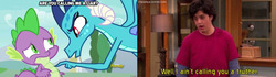 Size: 2575x720 | Tagged: safe, princess ember, spike, dragon, human, g4, triple threat, annoyed, drake & josh, ember is not amused, female, male, meme, text, unamused, worried