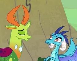 Size: 1123x887 | Tagged: safe, screencap, princess ember, thorax, changedling, changeling, dragon, g4, my little pony: friendship is magic, triple threat, eyes closed, female, king thorax, male