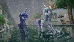 Size: 1280x720 | Tagged: safe, artist:plainoasis, princess celestia, princess luna, alicorn, pony, g4, background pony, canterlot, clothes, duo focus, folded wings, looking at each other, missing accessory, rain, road, royal sisters, scenery, street, suit, town, umbrella, walking, water, wet mane